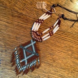 Sunstone hairpipe tribal choker fringed necklace with handmade beaded pendant